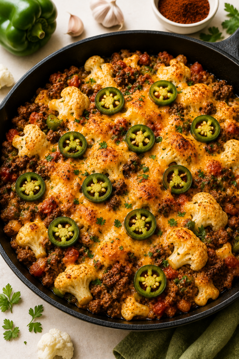 Cheesy Ground Beef & Cauliflower Casserole