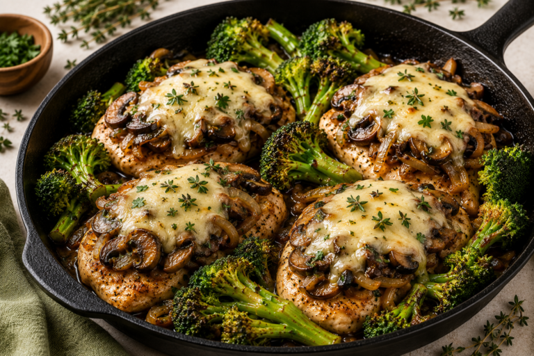 Cheesy Portobello Chicken Cutlets with Broccoli