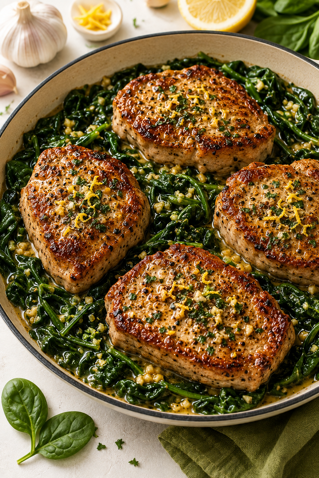 Garlic-Butter Pork Chops with Spinach
